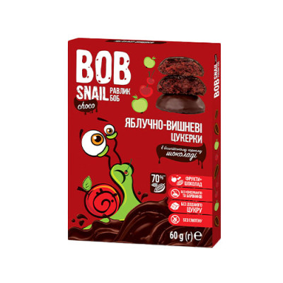Яблучно-Вишневі Цукерки Bob snail в бельгійському чорному шоколаді без цукру 60 г