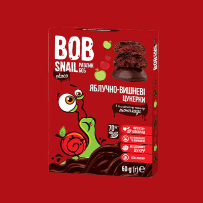 Яблучно-Вишневі Цукерки Bob snail в бельгійському чорному шоколаді без цукру 60 г