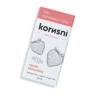 Керобовий шоколад молочний без цукру “Полуниця Чіа” ТМ “korusni” 90г